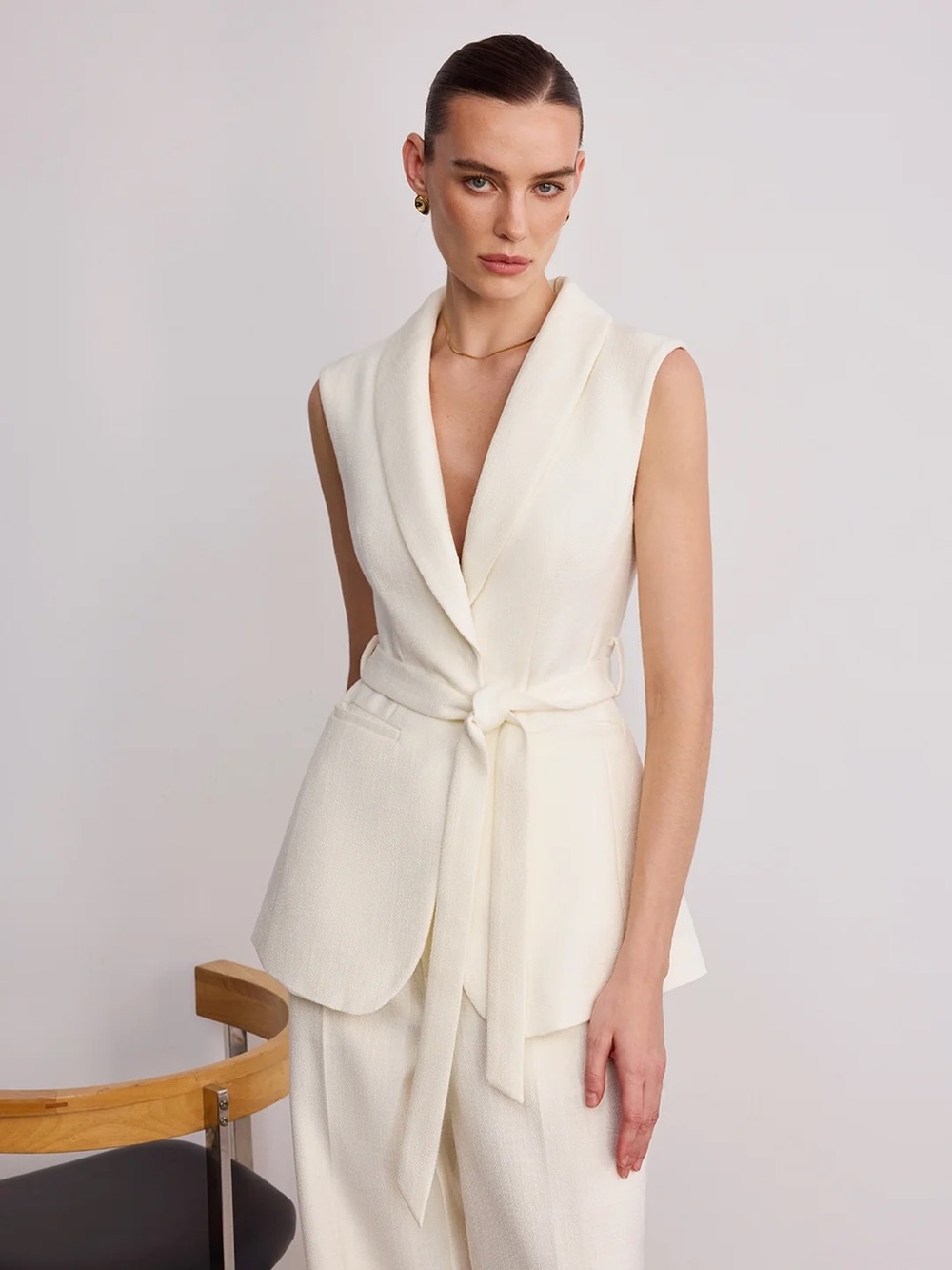 Commense White Tailored Lapel Belted Vest